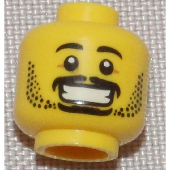 Minifigure, Head Black Eyebrows, Moustache, Goatee, Stubble, Wide Grin with Teeth Pattern - Hollow Stud