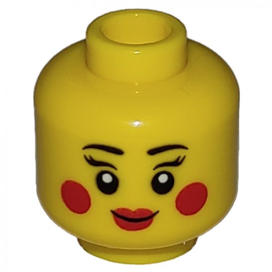 Minifigure, Head Dual Sided Female Black Eyebrows, Red Lips and Circles on Cheeks, Closed Smile / Open Smile Pattern - Hollow Stud