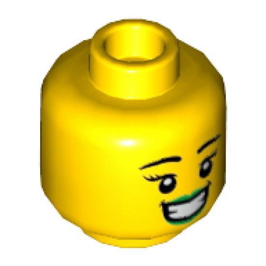 Minifigure, Head Dual Sided Female, Black Eyebrows, Bright Green Lips, Large Smile / Eating Pattern - Hollow Stud