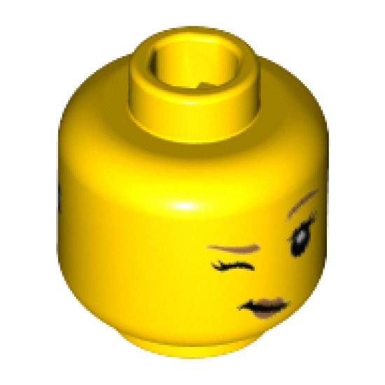 Minifigure, Head Dual Sided Female Silver Goggles with Medium Azure Lenses / Dark Tan Eyebrows and Wink Pattern - Hollow Stud