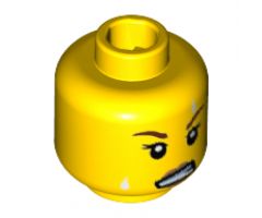 Minifigure, Head Dual Sided Female, Dark Tan Lips, White Sweat Beads, Teeth Clenched / Lopsided Open Smile Pattern - Hollow Stud