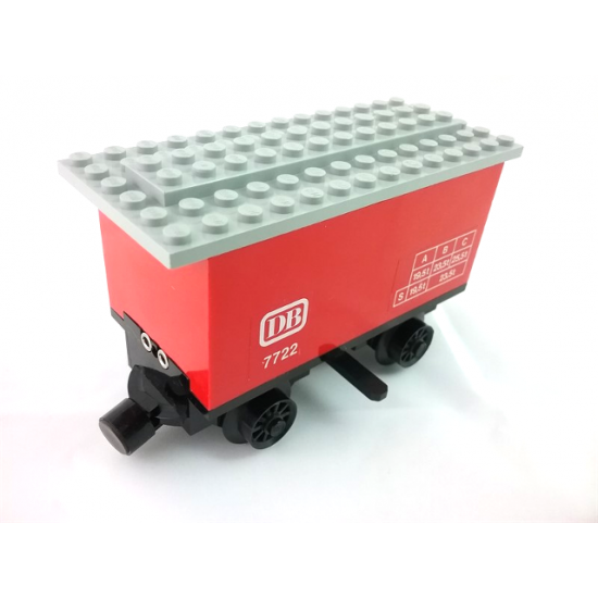 Train Battery Box Car with Three Contact Holes, Black Switch Lever, Black Magnets, Black Wheels, and Light Gray Roof with 'DB 7722' Pattern on Both Sides (Stickers) - Set 7722