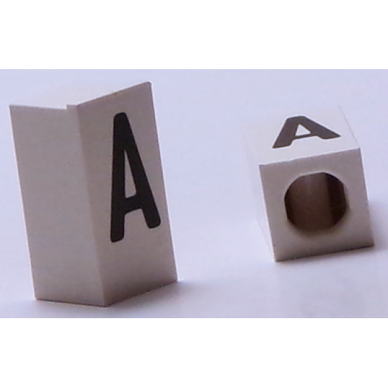 Tile, Modified 1 x 2 x 5/6 with Stud Hole in End and Black 'A' Upper Case Pattern