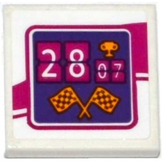 Tile 2 x 2 with '2807' (28:07), Trophy and Checkered Flags Pattern (Sticker) - Set 41122