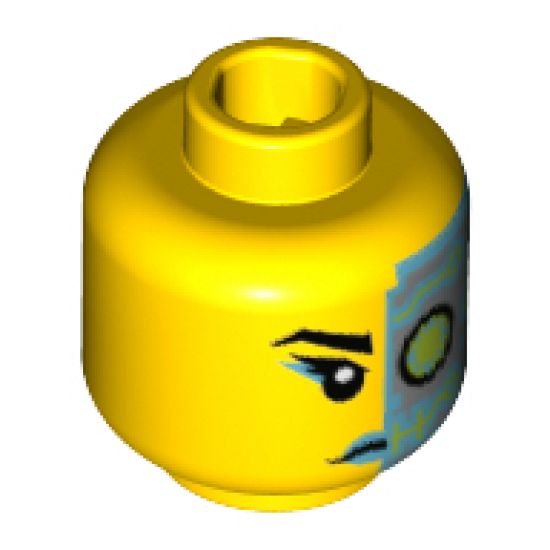 Minifigure, Head Female Black Eyebrow, Dark Azure Lips, Dark Azure and Silver Cyborg Eyepiece Pattern - Hollow Stud