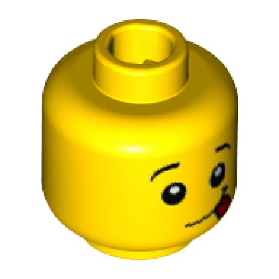 Minifigure, Head Raised Black Eyebrows, White Pupils, Lopsided Smile with Red Tongue Out Pattern - Hollow Stud