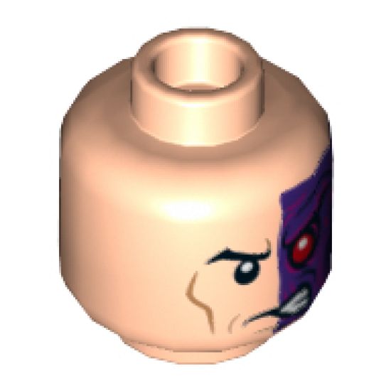 Minifigure, Head Dark Purple Left Side with Red Eye and Magenta Swirls Pattern - Hollow Stud