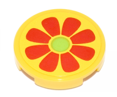 Tile, Round 2 x 2 with Bottom Stud Holder with Flower with Red Petals and Lime Center Pattern (Sticker) - Set 76035