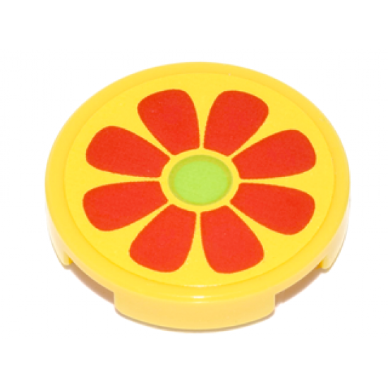 Tile, Round 2 x 2 with Bottom Stud Holder with Flower with Red Petals and Lime Center Pattern (Sticker) - Set 76035