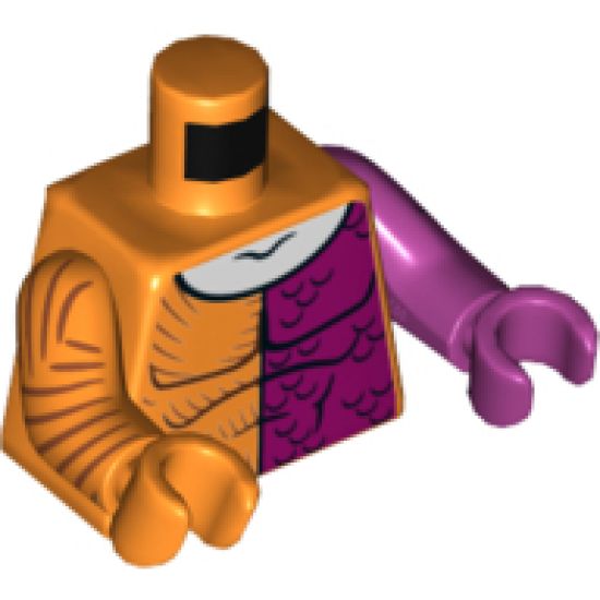 Torso with Brown Stripes, Magenta Left Side with Black Scale Lines Pattern / Magenta Arm Left with Black Scale Lines Pattern / Orange Arm Right with Brown Stripes Pattern / Magenta Hand Left / Orange Hand Right