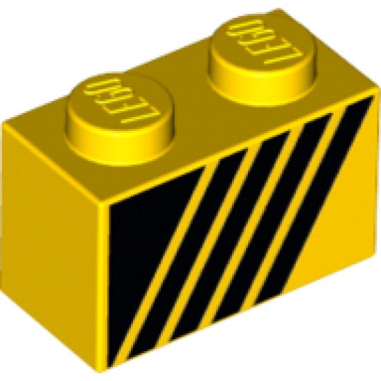 Brick 1 x 2 with Black Triangle and 4 Stripes Leaning Right Pattern