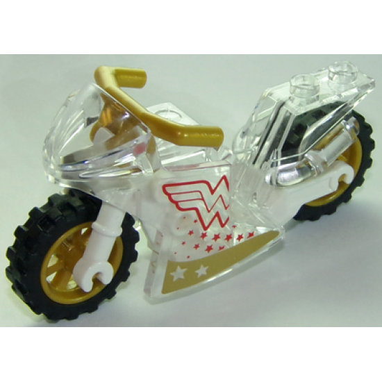 Riding Cycle Motorcycle Sport Bike with White Frame, Pearl Gold Wheels and Angular Handlebars with Wonder Woman Pattern on Both Sides (Stickers) - Set 41235