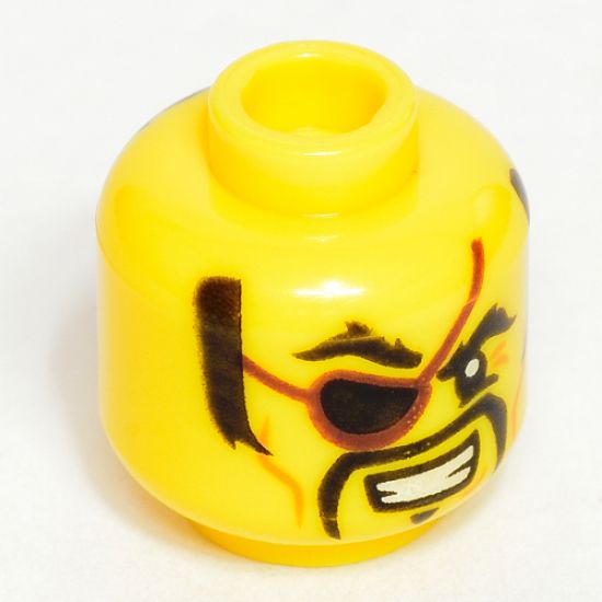 Minifigure, Head Pirate, Black Sideburns, Eyebrows and Fu Manchu Moustache, Eyepatch, Ponytail in Back Pattern - Hollow Stud