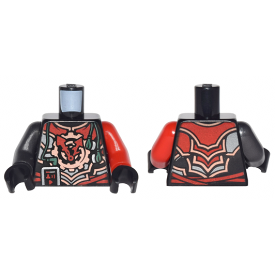 Torso Ninjago Red, Silver and Copper Armor with Clock, Smartphone and Headphones Pattern / Red Arm Left / Pearl Dark Gray Arm Right / Black Hands