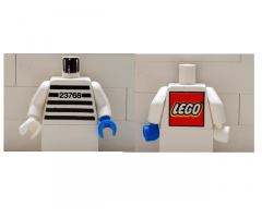 Torso Jail Stripes with Number 23768 Pattern - LEGO Logo on Back / White Arms / White Hand Right / Blue Hand Left