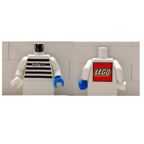 Torso Jail Stripes with Number 23768 Pattern - LEGO Logo on Back / White Arms / White Hand Right / Blue Hand Left