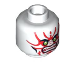 Minifigure, Head Alien with Lime Eyes, White Fangs, Red Face Decorations, Dark Red Mouth and Black Cheek Lines Pattern - Hollow Stud