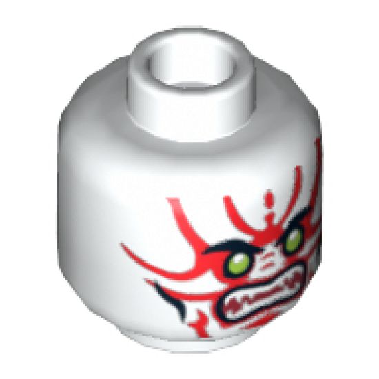 Minifigure, Head Alien with Lime Eyes, White Fangs, Red Face Decorations, Dark Red Mouth and Black Cheek Lines Pattern - Hollow Stud