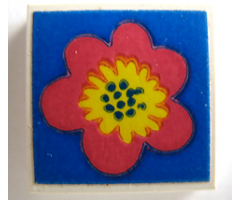 Tile 2 x 2 without Groove with Flower Red and Yellow on Blue Pattern (Sticker) - Set 290-2