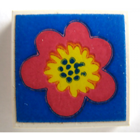 Tile 2 x 2 without Groove with Flower Red and Yellow on Blue Pattern (Sticker) - Set 290-2