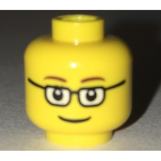Minifigure, Head Glasses Rectangular, Brown Thin Eyebrows, Smile Pattern - Hollow Stud