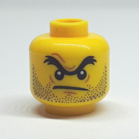 Minifigure, Head Black Unibrow, Angry Mouth, Stubble Pattern - Hollow Stud
