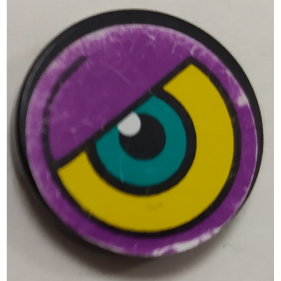Tile, Round 2 x 2 with Purple/Yellow Background and Dark Turquoise Eye Pattern Model Left Side (Sticker) - Set 8245