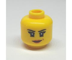 Minifigure, Head Dual Sided Female Black Eyebrows, Eyelashes, Lopsided Grin with Pink Lips / Mechanical Goggles and Headset Pattern - Hollow Stud