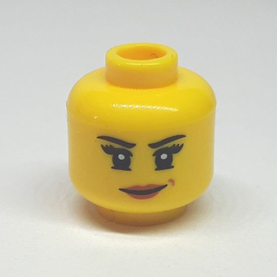 Minifigure, Head Dual Sided Female Black Eyebrows, Eyelashes, Lopsided Grin with Pink Lips / Mechanical Goggles and Headset Pattern - Hollow Stud