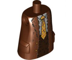 Torso Large, Long Coat with Molded Pockets, Light Gray Shirt, Orange and Yellow Tie, Dark Brown Pants Pattern