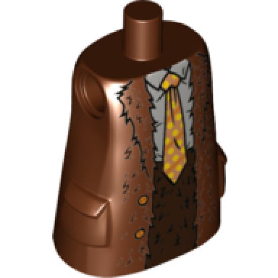 Torso Large, Long Coat with Molded Pockets, Light Gray Shirt, Orange and Yellow Tie, Dark Brown Pants Pattern