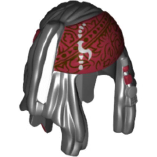 Minifigure, Hair Dreadlocks with Beads and Dark Red Brocade Bandana Pattern