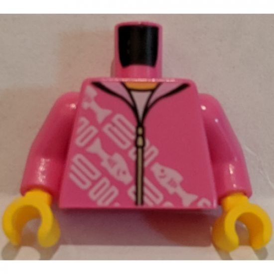 Torso Hoodie with White Rectangles and Fish Pattern / Dark Pink Arms / Yellow Hands