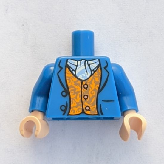 Torso LotR Coat with Orange Vest with Buttons and White and Light Blue Scarf Pattern (Bilbo Baggins) / Blue Arms / Light Nougat Hands