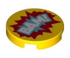 Tile, Round 2 x 2 with Bottom Stud Holder with 'BAM!' in Blue and Red Starburst Explosion Pattern