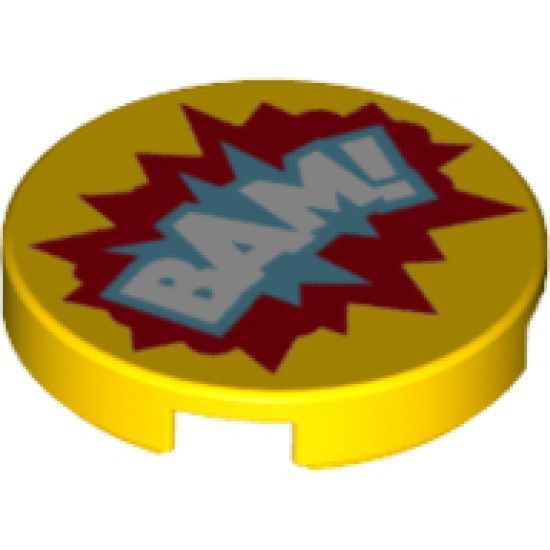 Tile, Round 2 x 2 with Bottom Stud Holder with 'BAM!' in Blue and Red Starburst Explosion Pattern