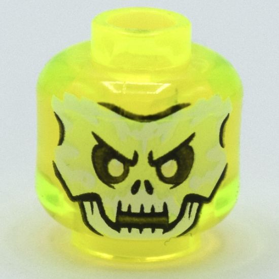 Minifigure, Head Alien Ghost with White and Yellowish Green Skull Face and Fangs Pattern - Vented Stud