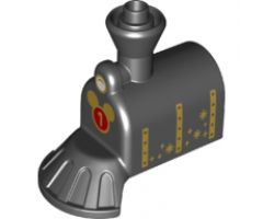 Duplo, Train Steam Engine Front with Cow Catcher, White Headlight and Number 1 on Mouse Head Pattern