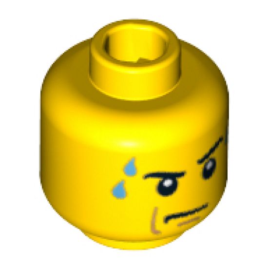 Minifigure, Head Male Stern Black Eyebrows, White Pupils, Frown, Sweat Drops Pattern - Blocked Open Stud
