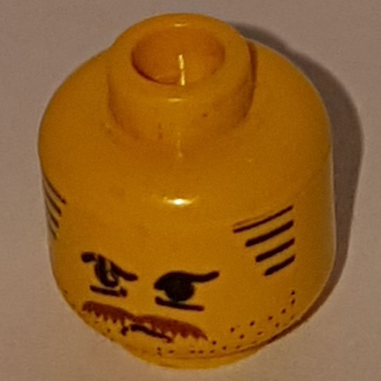 Minifigure, Head Moustache Brown Bushy, Stubble, Under-Eyes Wrinkles, Stripe Sideburns Pattern - Blocked Open Stud