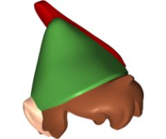 Minifigure, Hair Combo, Hair with Hat, Dark Orange Messy with Green Pointed Hat with Red Feather and Pointed Ears Pattern