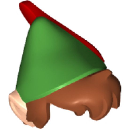 Minifigure, Hair Combo, Hair with Hat, Dark Orange Messy with Green Pointed Hat with Red Feather and Pointed Ears Pattern