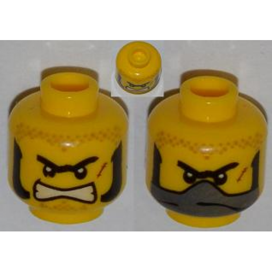 Minifigure, Head Dual Sided Male with Unibrow, Sideburns, Bared Teeth / Balaclava Pattern - Hollow Stud