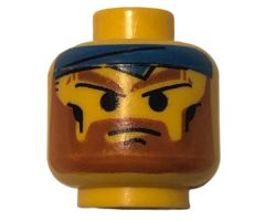 Minifigure, Head Beard with Angry Brown Eyebrows, Moustache and Blue Bandana Pattern - Blocked Open Stud