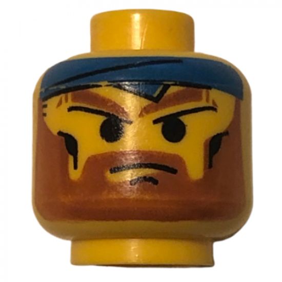 Minifigure, Head Beard with Angry Brown Eyebrows, Moustache and Blue Bandana Pattern - Blocked Open Stud