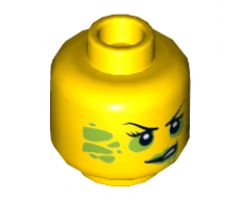 Minifigure, Head Dual Sided Female Black Eyelashes and Eyebrows, Lime Splotches, Smirk / Green Eye Shadow and Lips, Teeth Pattern - Hollow Stud