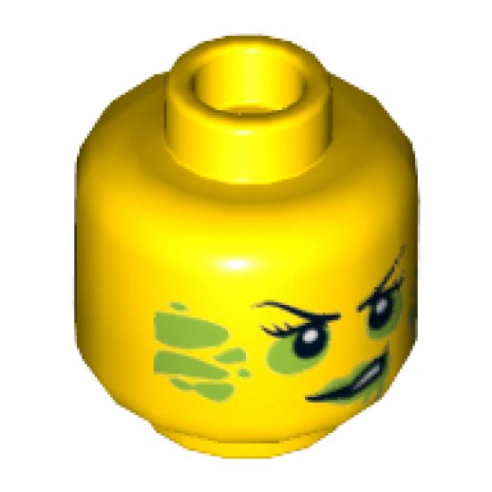 Minifigure, Head Dual Sided Female Black Eyelashes and Eyebrows, Lime Splotches, Smirk / Green Eye Shadow and Lips, Teeth Pattern - Hollow Stud