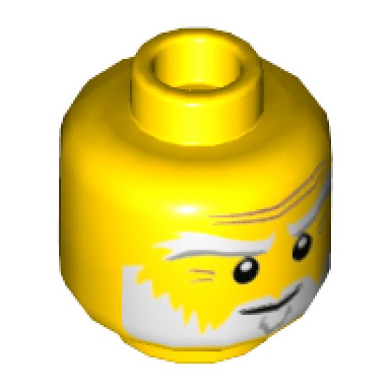 Minifigure, Head White and Gray Eyebrows, Beard and Braided Ponytail on Back, Medium Nougat Wrinkles, Smile Pattern (Sensei Wu) - Hollow Stud