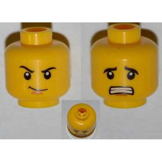 Minifigure, Head Dual Sided Thin Smirk, Raised Eyebrow / Scared with Teeth Pattern - Blocked Open Stud