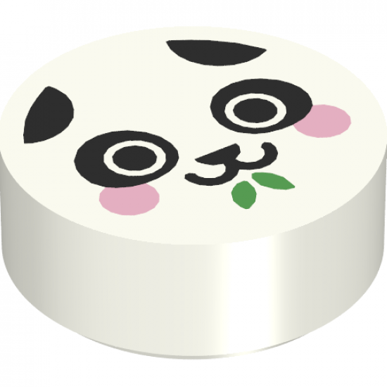 Tile, Round 1 x 1 with Panda Face with Bright Pink Cheeks and Bright Green Bamboo Leaves Pattern